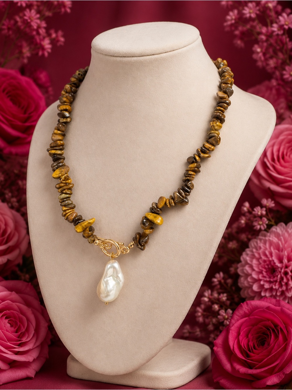 Handmade Tiger's Eye Beaded Necklace with Baroque Pearl Pendant